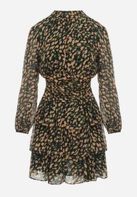 Born2be - Beżowo-Zielona Rozkloszowana Sukienka Mini w Modny Print Ozdobiona Brokatem Ifigentta. Kolor: beżowy. Wzór: aplikacja, nadruk. Długość: mini #6