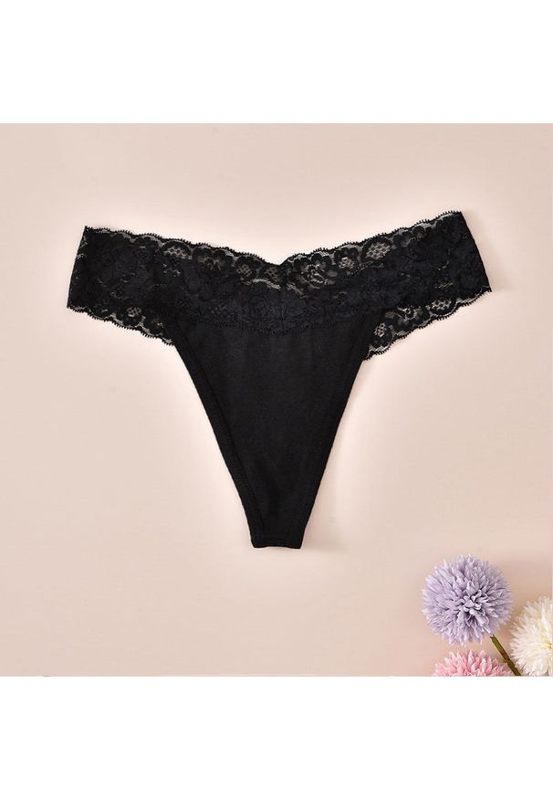 Intica - Stringi koronkowe z delikatnej tkaniny Dzanna. Kolor: czarny. Materiał: tkanina, koronka. Wzór: koronka