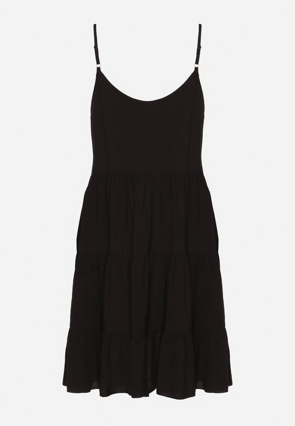 Born2be - Czarna Rozkloszowana Sukienka z Bawełny na Ramiączkach z Falbanami Lilivane. Okazja: na co dzień, na spacer. Kolor: czarny. Materiał: bawełna. Długość rękawa: na ramiączkach. Sezon: wiosna, lato. Typ sukienki: proste. Styl: casual