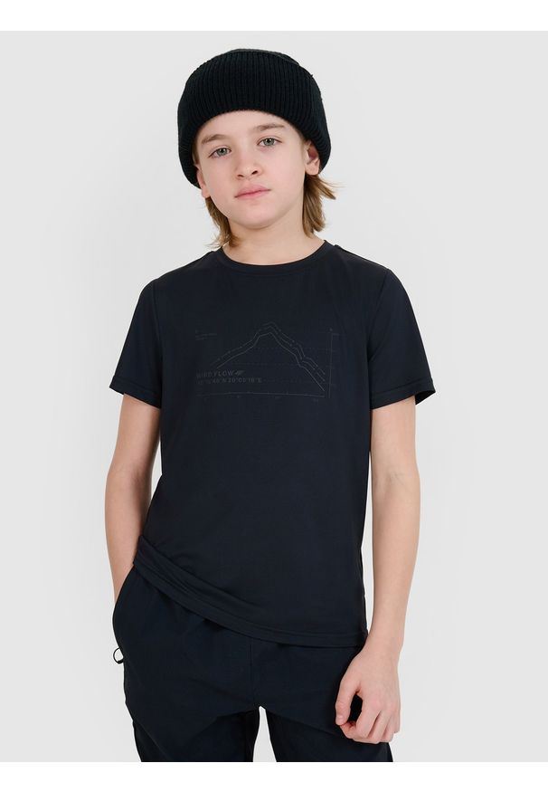 4f - 4F T-shirt trekkingowy szybkoschnący chłopięcy - czarny 146/152 (10-12 lat). Kolor: czarny. Materiał: dzianina, włókno, syntetyk, materiał, elastan. Wzór: gładki, nadruk, ze splotem, jednolity. Sezon: lato. Sport: turystyka piesza, fitness