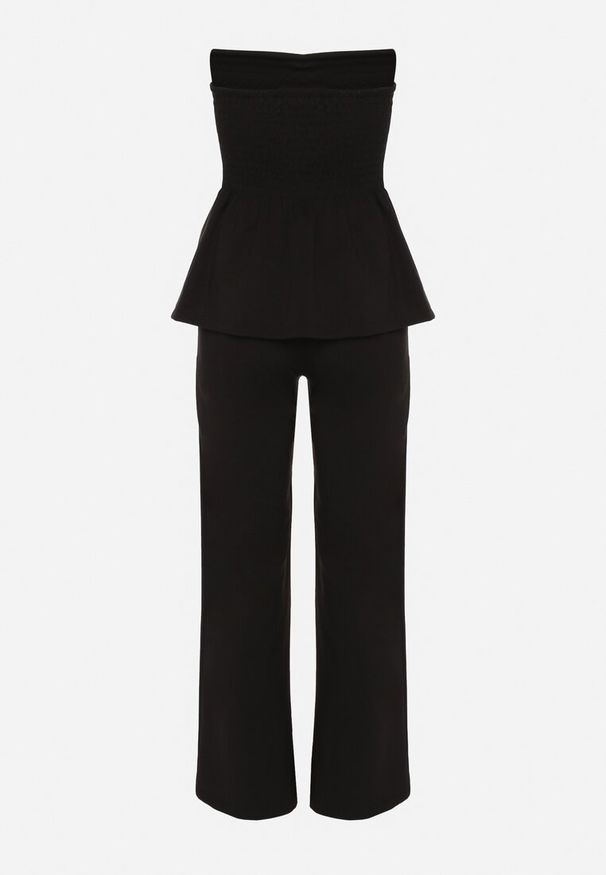 Born2be - Czarny Komplet Top z Baskinką i Ozdobnymi Guzikami i Szerokie Spodnie Palesia. Kolor: czarny