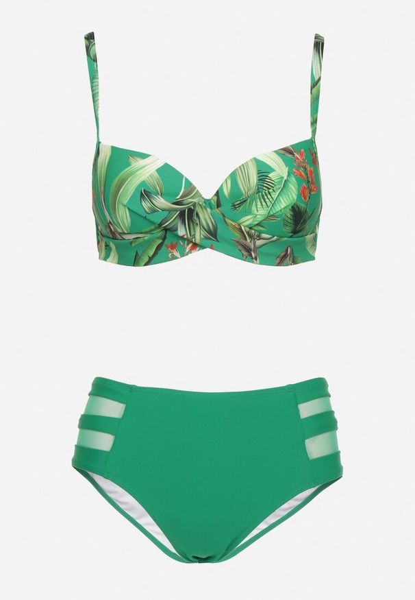 Born2be - Zielone Bikini Majtki Figi z Siateczkowymi Wstawkami i Biustonosz w Liście Kinella. Kolor: zielony