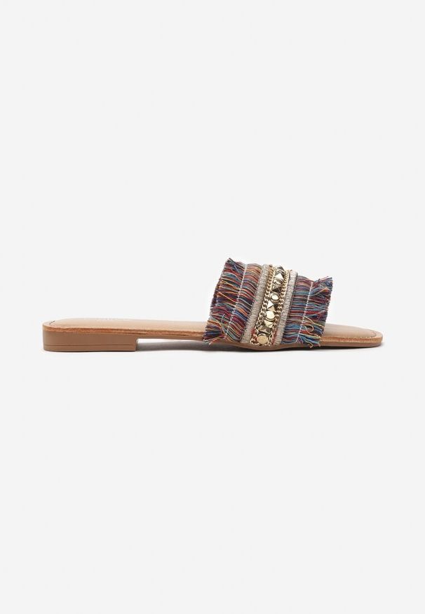 Born2be - Granatowe Klapki Boho z Paseczkiem Ozdobionym Cyrkoniami Amalila. Nosek buta: otwarty. Kolor: niebieski. Materiał: materiał. Wzór: aplikacja. Sezon: lato. Obcas: na obcasie. Styl: boho. Wysokość obcasa: niski