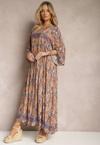 Renee - Beżowo-Granatowa Oversizowa Sukienka Maxi z Ozdobnym Wzorem Paisley Amaertia. Kolor: beżowy. Wzór: paisley. Długość: maxi