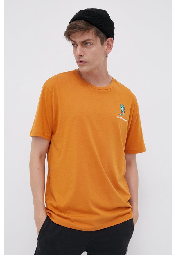 New Balance - T-shirt bawełniany. Kolor: pomarańczowy. Materiał: bawełna. Wzór: aplikacja