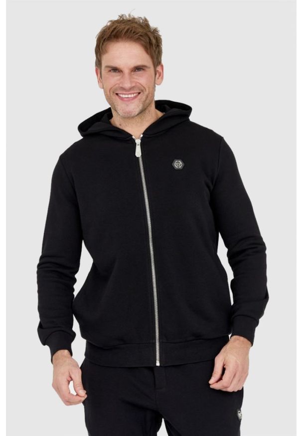 Philipp Plein - PHILIPP PLEIN Czarna rozpinana bluza męska hexagon z kapturem, Rozmiar M. Typ kołnierza: kaptur. Kolor: czarny