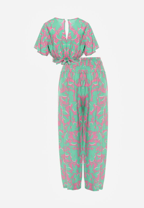 Born2be - Jasnozielony 2-częściowy Komplet w Kwiaty z Wiskozy Onisa. Kolor: zielony. Materiał: wiskoza. Wzór: kwiaty