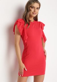 Born2be - Czerwona Dopasowana Bawełniana Sukienka z Ażurową Falbanką Belohia. Kolor: czerwony. Materiał: bawełna. Długość rękawa: krótki rękaw. Wzór: ażurowy. Sezon: wiosna, lato. Typ sukienki: dopasowane. Styl: klasyczny, elegancki #1