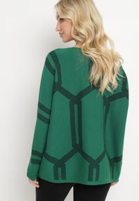 Born2be - Ciemnozielony Sweter z Geometrycznym Wzorem i Ściągaczami Buvania. Kolor: zielony. Wzór: geometria #4