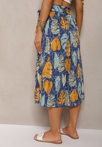 Renee - Niebiesko-Żółte Spodnie Szwedy z Bawełną High Waist Wykończone Gumką w Talii Pasefia. Okazja: na co dzień, do pracy. Stan: podwyższony. Kolor: niebieski. Materiał: bawełna. Styl: elegancki, casual #4