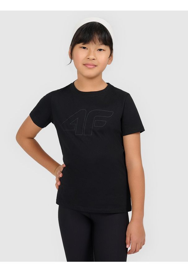 4f - 4F T-shirt oversize z nadrukiem dziewczęcy - czarny 146 (10-11 lat). Okazja: na co dzień. Kolor: czarny. Materiał: dzianina, jersey, bawełna. Wzór: nadruk. Sezon: lato. Styl: casual, klasyczny, sportowy
