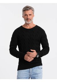 Ombre Clothing - Sweter męski z warkoczowym splotem - czarny V3 E195 - XXL. Okazja: na co dzień. Kolor: czarny. Materiał: bawełna, jeans, akryl. Wzór: ze splotem. Styl: klasyczny, casual, elegancki #6