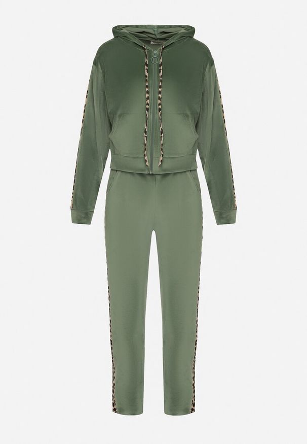 Born2be - Zielony Welurowy Komplet Dresowy Bluza i Spodnie ze Zdobieniami w Panterkę Elaziria. Kolor: zielony. Materiał: dresówka, welur. Wzór: aplikacja, motyw zwierzęcy