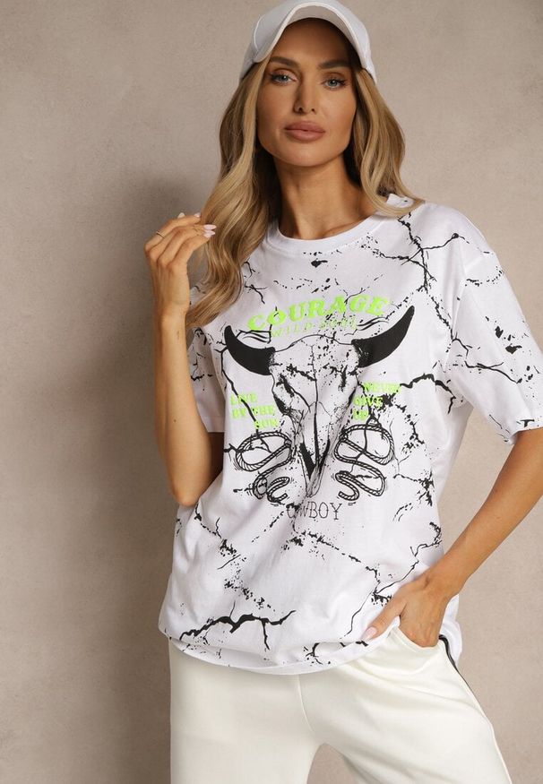 Renee - Biała Bawełniana Koszulka T-shirt z Nadrukiem Lanessae. Okazja: na co dzień, na imprezę. Kolor: biały. Materiał: bawełna. Wzór: nadruk. Styl: klasyczny, casual, elegancki
