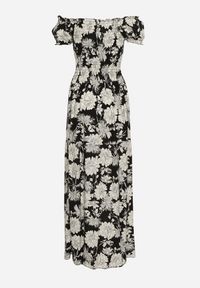 Born2be - Czarno-Biała Sukienka z Wiskozy Typu Hiszpanka z Marszczonym Dekoltem Yelbia. Typ kołnierza: dekolt hiszpanka. Kolor: czarny. Materiał: wiskoza. Wzór: kwiaty #7