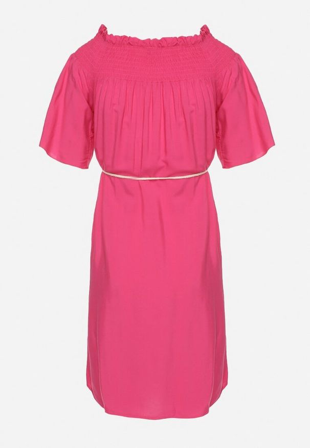 Born2be - Fuksjowa Sukienka z Wiskozą Bawełną Hiszpańskim Dekoltem i Sznurkiem Lilarenne. Okazja: na co dzień. Kolor: różowy. Materiał: wiskoza, bawełna. Sezon: lato. Styl: elegancki, casual