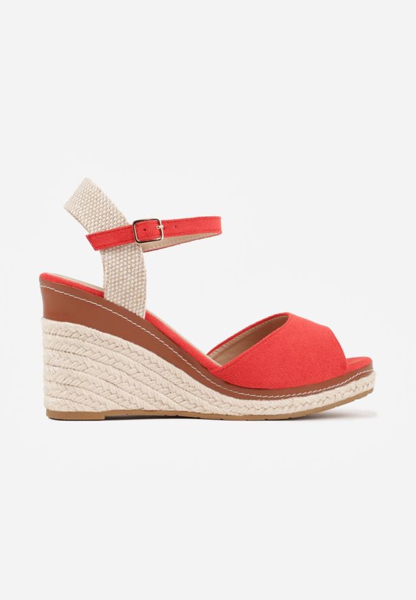 Born2be - Czerwone Sandały VICES na Koturnie z Plecionki w Stylu Boho Corolea. Zapięcie: pasek. Kolor: czerwony. Materiał: len. Obcas: na koturnie. Styl: boho. Wysokość obcasa: średni