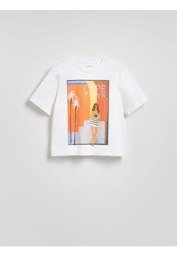 Reserved - Bawełniany t-shirt z nadrukiem - biały. Kolor: biały. Materiał: bawełna. Wzór: nadruk