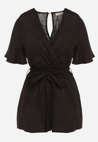 Born2be - Czarny Bawełniany Kombinezon z Kopertowym Dekoltem i Materiałowym Paskiem w Talii Viklie. Kolor: czarny. Materiał: bawełna, materiał. Długość rękawa: krótki rękaw. Długość: krótkie. Styl: elegancki #5