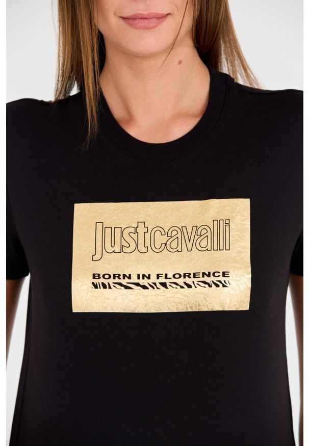 Just Cavalli - JUST CAVALLI Czarny damski t-shirt R Gold Tiger Label, Rozmiar M. Kolor: czarny