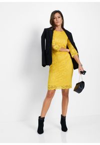 Sukienka koronkowa shape z ozdobnym marszczeniem bonprix żółty kanarkowy. Kolor: żółty. Materiał: koronka #3