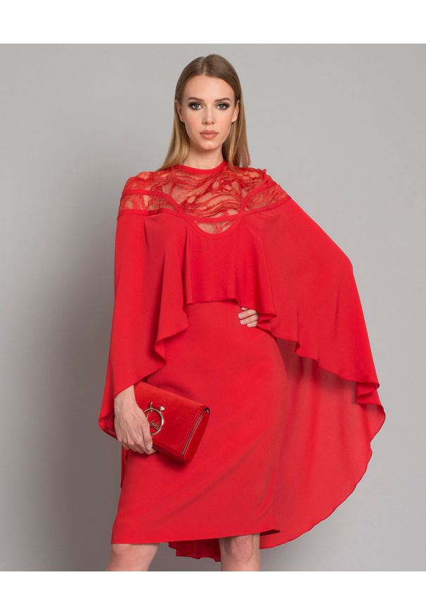 Elie Saab - ELIE SAAB - Czerwona sukienka z jedwabiu. Okazja: na co dzień. Kolor: czerwony. Materiał: jedwab. Wzór: aplikacja, koronka. Typ sukienki: proste. Styl: casual, wizytowy, elegancki