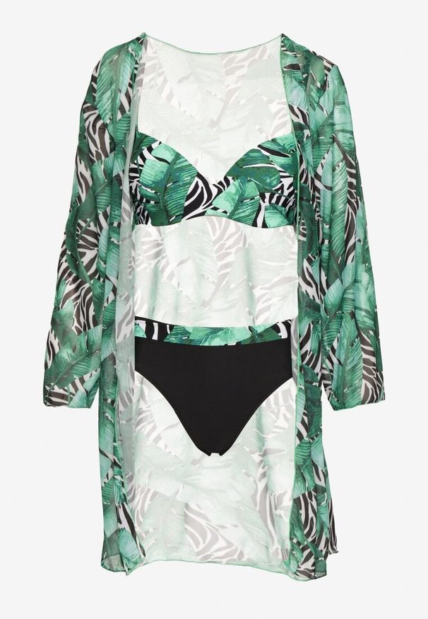 Born2be - Zielone Bikini Biustonosz Majtki Typu Figi i Siateczkowa Narzutka w Liście Folarine. Kolor: zielony