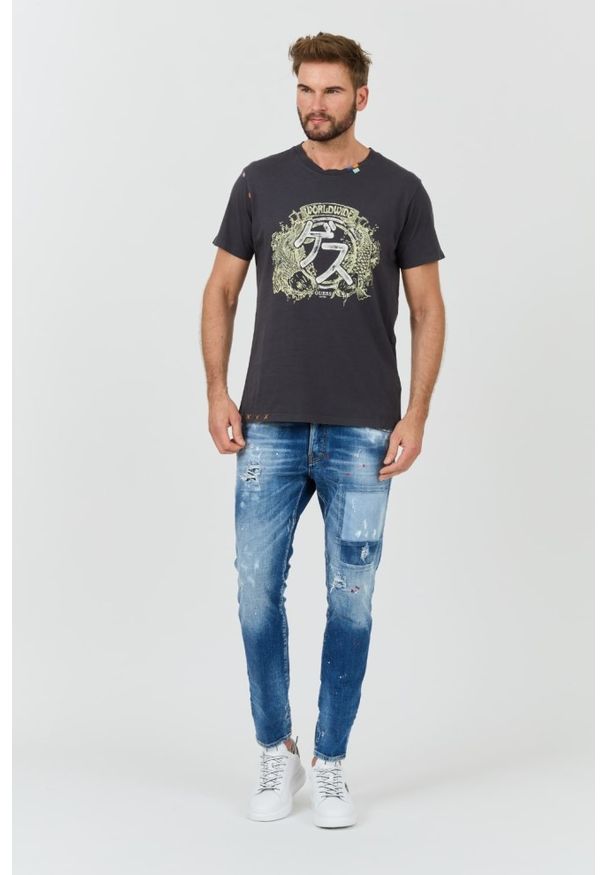 Guess - GUESS Szary męski t-shirt bawełniany Japanese Ideog, Rozmiar M. Kolor: szary. Materiał: bawełna