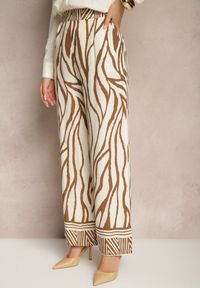 Renee - Brązowe Szerokie Spodnie z Wiskozy z Lnem High Waist w Zwierzęcy Wzór Fenariela. Okazja: na co dzień, na spacer. Stan: podwyższony. Kolor: brązowy. Materiał: len, wiskoza. Wzór: motyw zwierzęcy. Styl: klasyczny, elegancki, casual #4