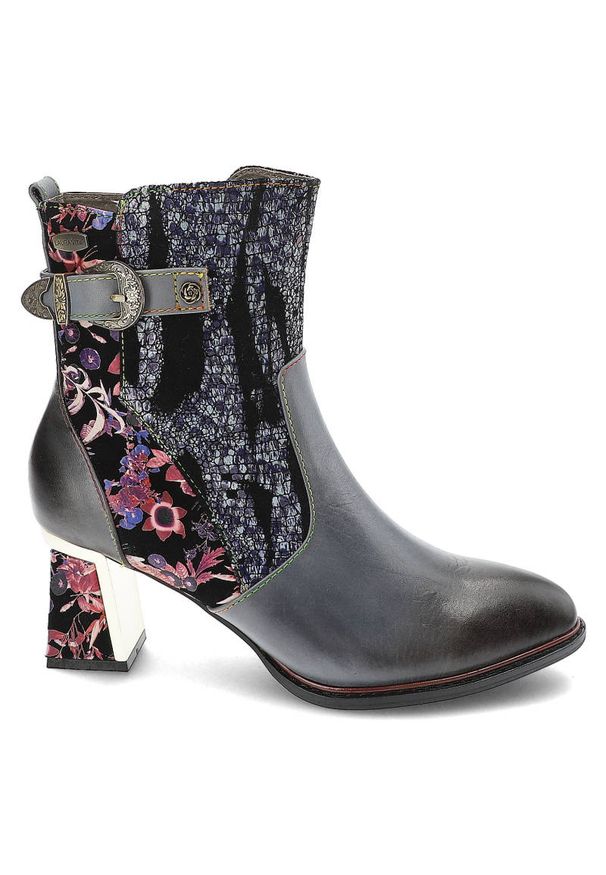 Niebieskie Botki Laura Vita Gustowne Buty Na Obcasie. Zapięcie: sprzączka. Kolor: niebieski. Materiał: skóra. Wzór: aplikacja, kwiaty. Obcas: na obcasie. Styl: elegancki. Wysokość obcasa: średni