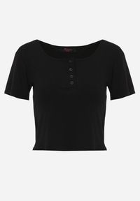 Renee - Czarny Top z Bawełny Ozdobiony Guzikami przy Dekolcie Nediva. Okazja: na co dzień. Kolor: czarny. Materiał: bawełna. Wzór: aplikacja. Styl: casual #2