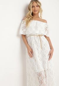 Born2be - Biała Bawełniana Ażurowa Sukienka Hiszpanka z Gumką w Talii Lianeavia. Okazja: na co dzień. Typ kołnierza: dekolt hiszpanka. Kolor: biały. Materiał: bawełna. Wzór: ażurowy. Sezon: wiosna, lato. Styl: klasyczny, casual #5