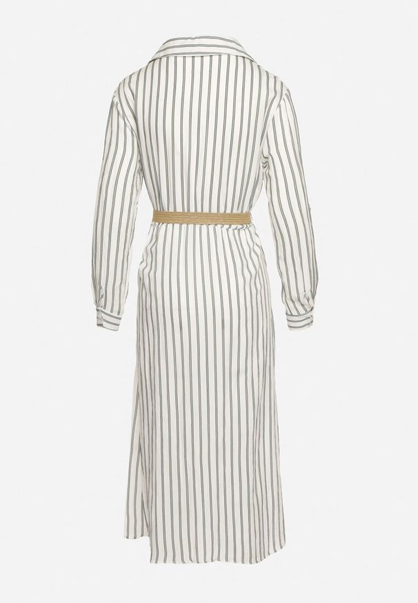 Born2be - Biało-Zielona Sukienka Midi w Koszulowym Stylu z Lnem i Paskiem z Klamrą Egogia. Okazja: na co dzień. Kolor: biały. Materiał: len. Długość rękawa: długi rękaw. Wzór: aplikacja. Typ sukienki: koszulowe. Styl: elegancki, klasyczny, casual. Długość: midi