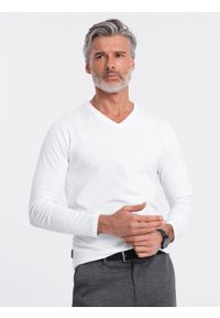 Ombre Clothing - Longsleeve męski bez nadruku z dekoltem w serek - biały V3 - Rozmiar: XXL. Okazja: na co dzień. Typ kołnierza: dekolt w serek. Kolor: biały. Materiał: materiał, bawełna. Długość rękawa: długi rękaw. Długość: długie. Wzór: gładki, jednolity. Styl: klasyczny, casual, elegancki #8