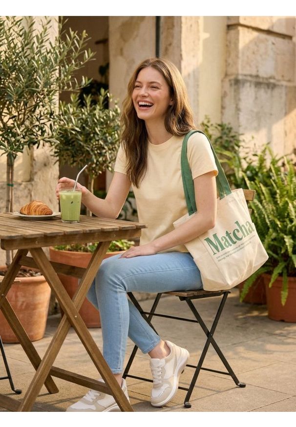 Sinsay - Bawełniana koszulka z gęstego splotu Interlock - yellow jeans. Materiał: bawełna, jeans. Wzór: ze splotem