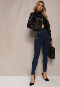 Renee - Granatowe Jeansy Skinny High Waist z Podwiniętymi Nogawkami Cilrira. Okazja: na co dzień. Stan: podwyższony. Kolor: niebieski. Wzór: paski. Styl: casual #5