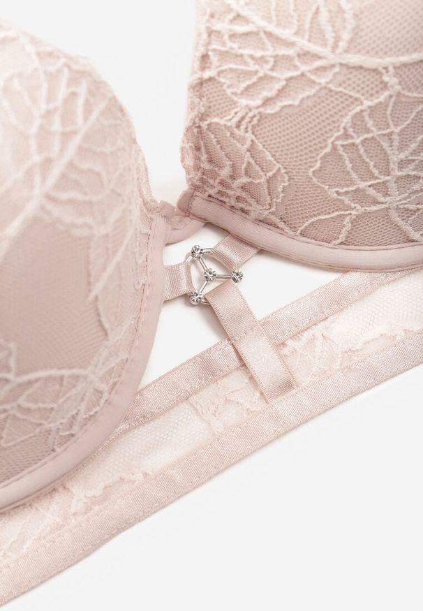 Born2be - Jasnoróżowy Klasyczny Biustonosz Zdobiony Koronką i Aplikacją Metheis. Kolor: różowy. Materiał: koronka. Wzór: aplikacja, koronka