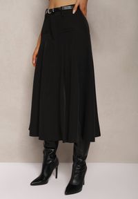 Renee - Czarna Spódnica o Rozkloszowanym Kroju High Waist z Paskiem i Imitacją Kieszeni Rivivia. Okazja: na co dzień. Stan: podwyższony. Kolor: czarny. Styl: elegancki, casual
