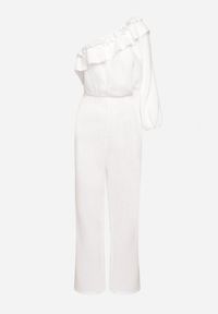 Born2be - Biały Asymetryczny Kombinezon z Bawełny Ozdobiony Falbaną przy Dekolcie i Gumką w Talii Jegelia. Okazja: na co dzień. Kolor: biały. Materiał: bawełna. Wzór: aplikacja. Styl: casual, elegancki #7