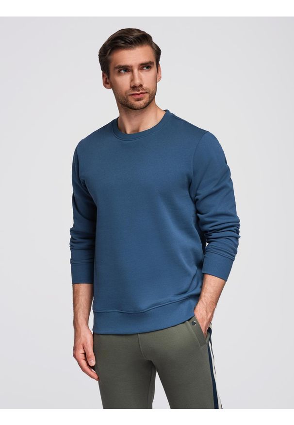 Ombre Clothing - Męska bluza dresowa BASIC z okrągłym dekoltem - granatowa V4 - Rozmiar: XL. Kolor: niebieski. Materiał: dresówka