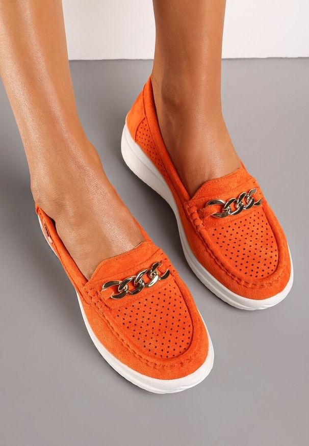 Born2be - Pomarańczowe Mokasyny z Łańcuszkiem i Platformą Grimenna. Kolor: pomarańczowy. Materiał: jeans. Sezon: wiosna. Obcas: na platformie. Styl: elegancki
