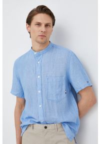TOMMY HILFIGER - Tommy Hilfiger koszula lniana kolor niebieski regular ze stójką. Typ kołnierza: kołnierzyk stójkowy. Kolor: niebieski. Materiał: len. Długość rękawa: krótki rękaw. Długość: krótkie #1