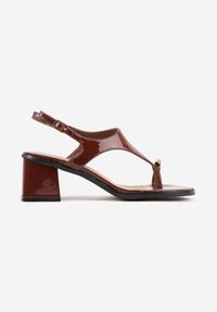Renee - Brązowe Sandały w Stylu Japonek na Niskim Słupku z Aplikacją Fyreltarish. Kolor: brązowy. Wzór: aplikacja. Obcas: na słupku #5