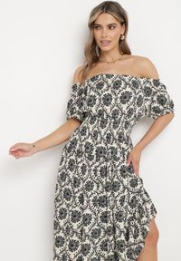 Born2be - Szaro-Beżowa Wiskozowa Sukienka Hiszpanka z Gumką w Pasie i przy Rękawkach Yilalama. Okazja: na co dzień. Typ kołnierza: dekolt hiszpanka. Kolor: szary. Materiał: wiskoza. Długość rękawa: krótki rękaw. Styl: casual #6