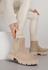 Born2be - Beżowe Botki Sztyblety na Platformie z Elastyczną Wstawką Isilinda. Okazja: na co dzień. Kolor: beżowy. Materiał: jeans. Obcas: na platformie. Styl: wizytowy, casual, elegancki #3