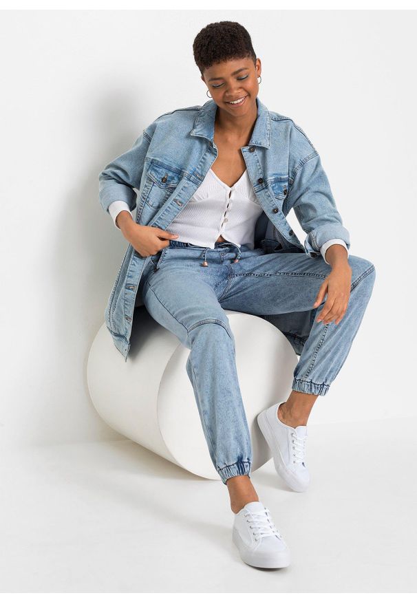 bonprix - Dżinsy jogger mid waist, ze stretchem. Kolor: niebieski