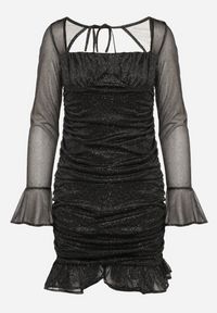 Born2be - Czarna Siateczkowa Sukienka Marszczona Sukienka z Falbankami Brokatem i Wiązaniem Salanira. Okazja: na co dzień. Typ kołnierza: kołnierz z falbankami. Kolor: czarny. Materiał: materiał. Długość rękawa: długi rękaw. Wzór: aplikacja. Typ sukienki: proste. Styl: casual, elegancki #2