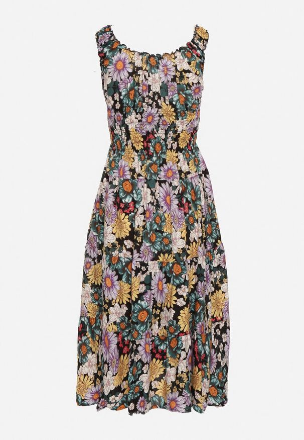 Born2be - Czarno-Żółta Sukienka w Kwiaty na Ramiączkach z Gumką w Talii i Falbankami Ozdobiona Guzikami Zilvia. Okazja: na spacer. Typ kołnierza: kołnierz z falbankami. Kolor: czarny. Materiał: tkanina. Długość rękawa: na ramiączkach. Wzór: kwiaty, aplikacja. Sezon: lato. Styl: elegancki