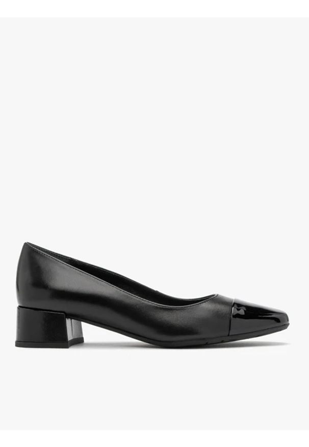 Ryłko - Czarne czółenka damskie na niskim klocku. Nosek buta: okrągły. Kolor: czarny. Materiał: skóra. Obcas: na obcasie. Styl: street. Wysokość obcasa: średni