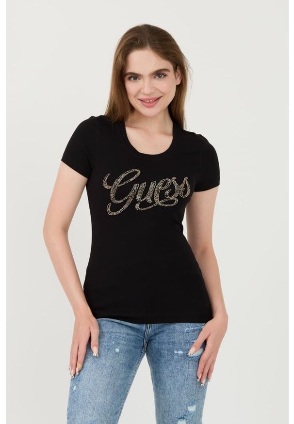 Guess - GUESS Czarny damski t-shirt Script, Rozmiar XS. Kolor: czarny